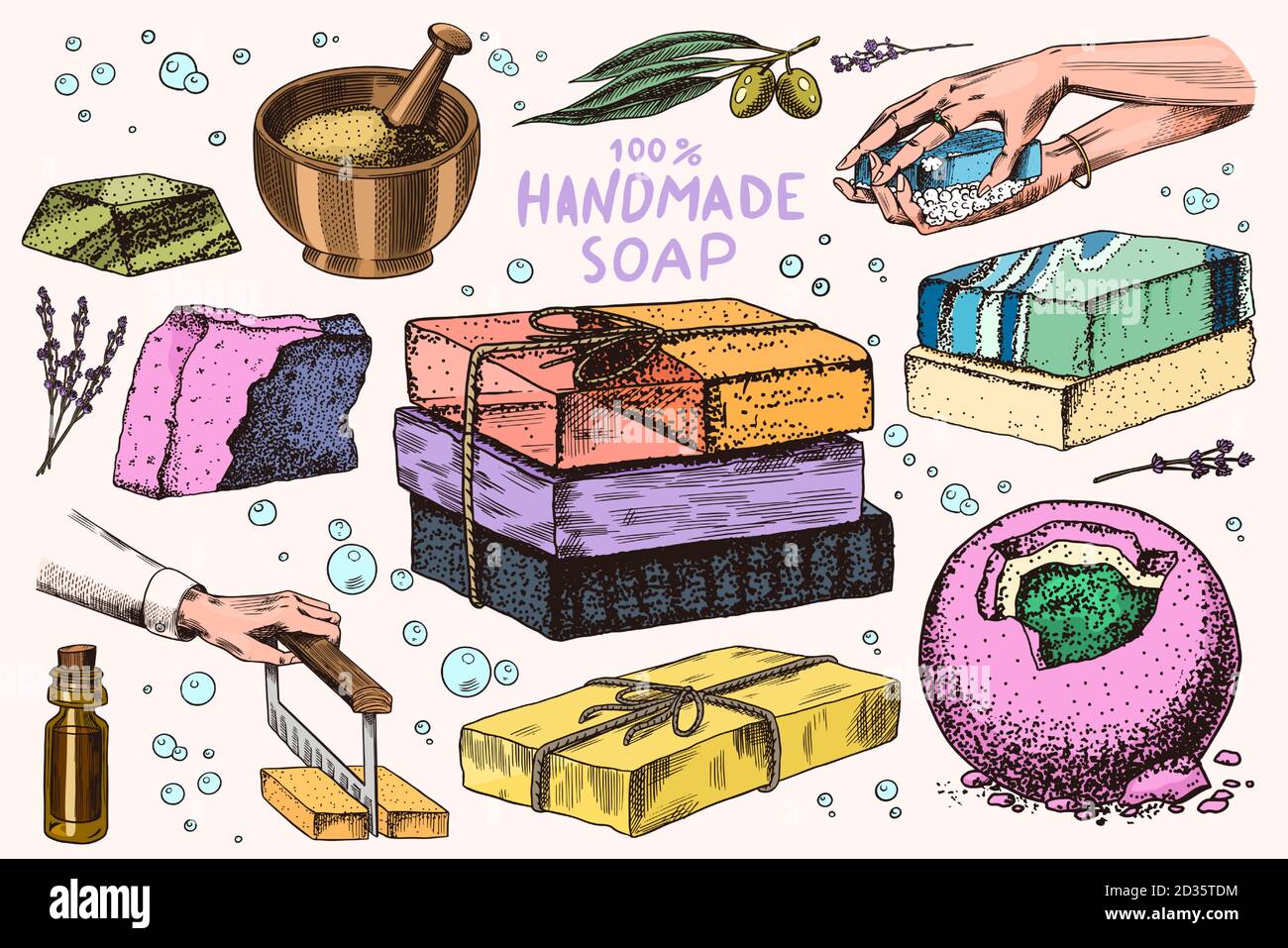 Bubble Bath soap set. Washing hands in vintage style. Homemade