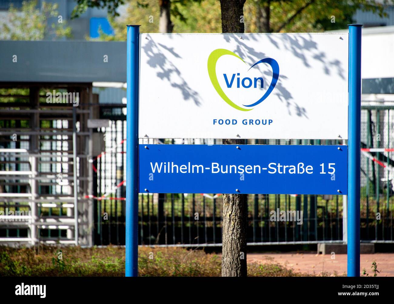 Emstek, Germany. 07th Oct, 2020. A sign with the company's logo stands in front of an entrance to a slaughterhouse belonging to the food company Vion. Once again, a large slaughterhouse in Lower Saxony has suffered a large number of corona infections. In the company in the Cloppenburg district, a total of 63 cases have been reported during tests among employees over the past few days. Credit: Hauke-Christian Dittrich/dpa/Alamy Live News Stock Photo
