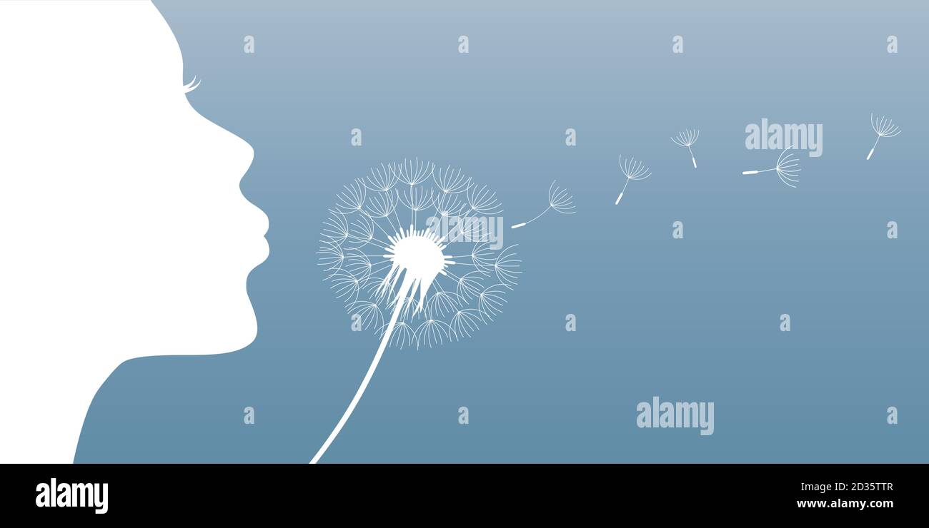 girl blows dandelion silhouette vector illustration EPS10 Stock Vector