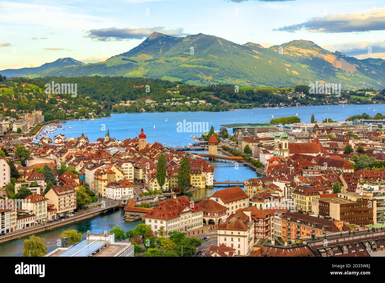 Aerial view of Lucerne skyline and lake Lucerne with Mount Rigi and its peak RigiKulm in the