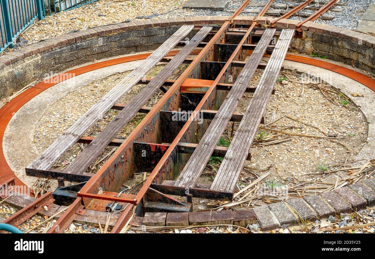 Manual revolve for turning miniature railway around, Littlehampton, West Sussex, UK Stock Photo