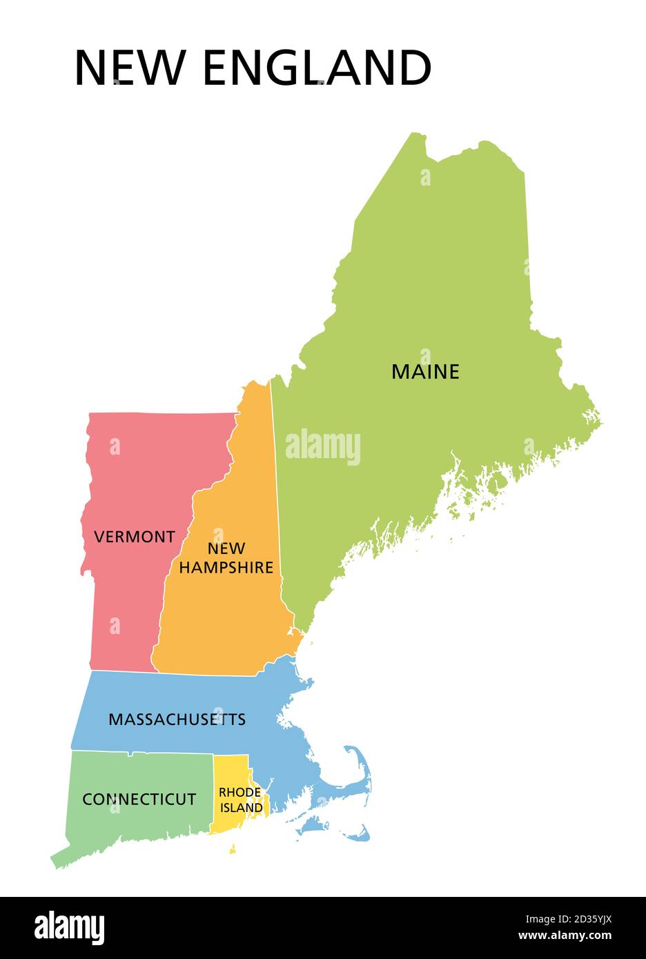 New England region, colored map. A region in the United States of America, consisting of six states. Stock Photo