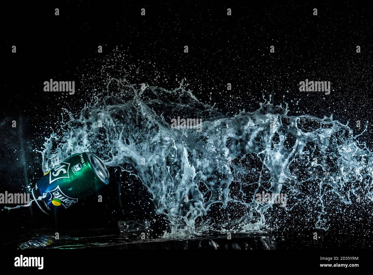 Buenos Aires, Argentina-October, 2019: High speed photo of exploding can of soda. Concept, high speed photos Stock Photo