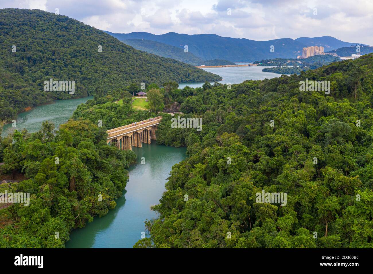 Aerial view of reservoir landscape Stock Photo