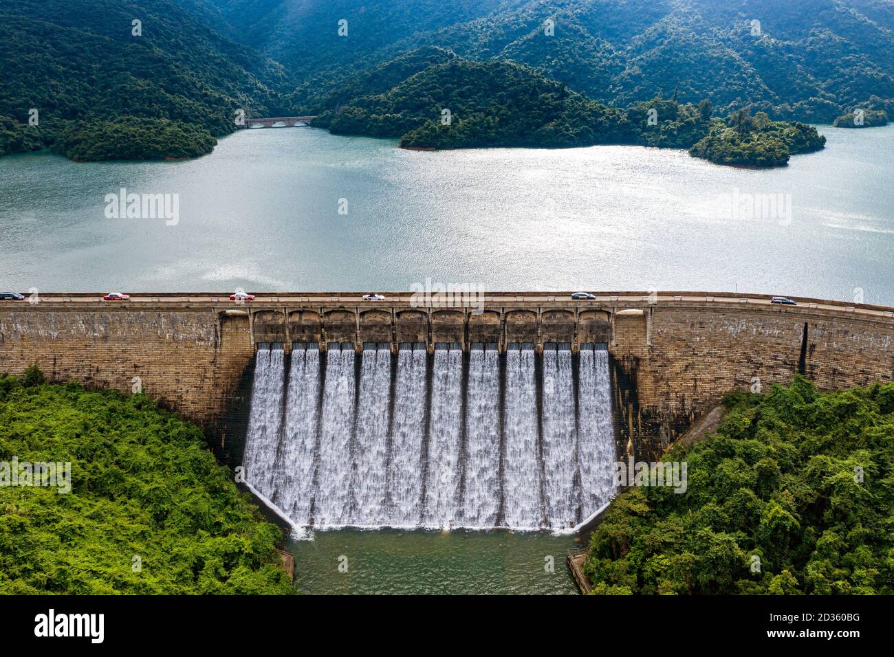 Aerial view of Tai Tam reservoir discharges Stock Photo