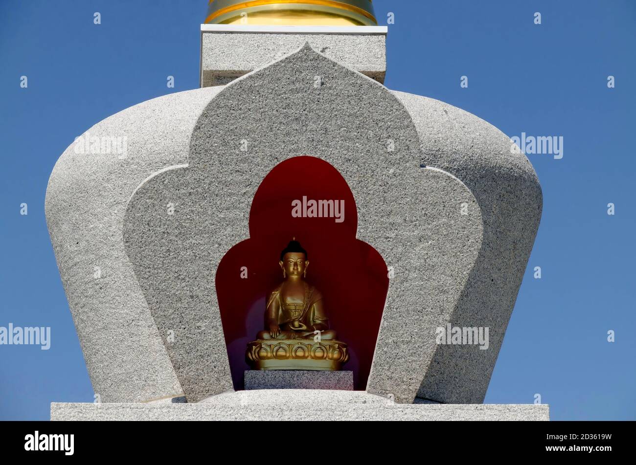 Closeup view of  Buddhist stupa Sofia in the Retreat Center Plana - Diamondway Buddhism Bulgaria near by Vitosha, Rila, Pirin and Balkan mountains Stock Photo