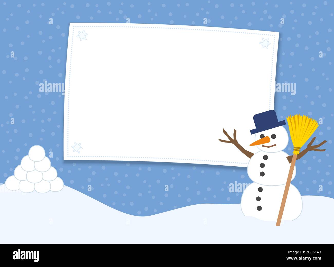 Snowballs and snowman before a snowball fight. Blank label for invitation for winter fun. Comic illustration on snowfall background. Stock Photo