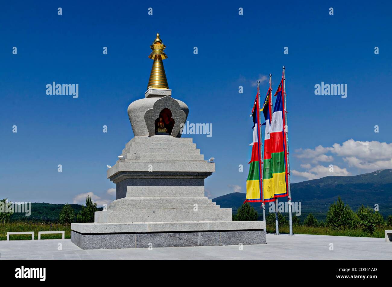 View of  Buddhist stupa Sofia in the Retreat Center Plana - Diamondway Buddhism Bulgaria near by Vitosha, Rila, Pirin, and Balkan mountains Stock Photo