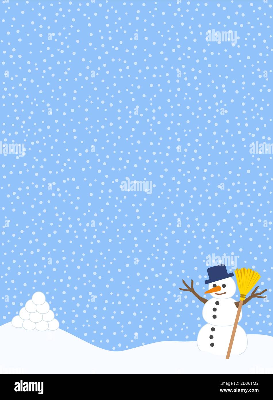 Winter fun anticipation with snowballs and snowman ready for upcoming snowball fight. Comic illustration on snowflakes background. Stock Photo