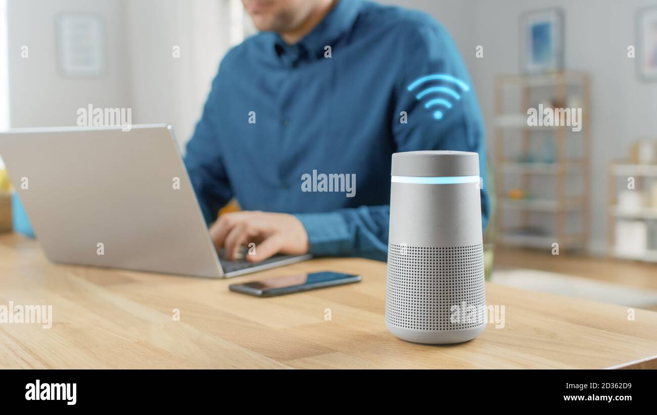Close Up Shot of a Modern Silver Bluetooth Speaker With Digital Wi-Fi Icon Over It. Man in the Background Sits at the Table and Works on His Laptop Stock Photo