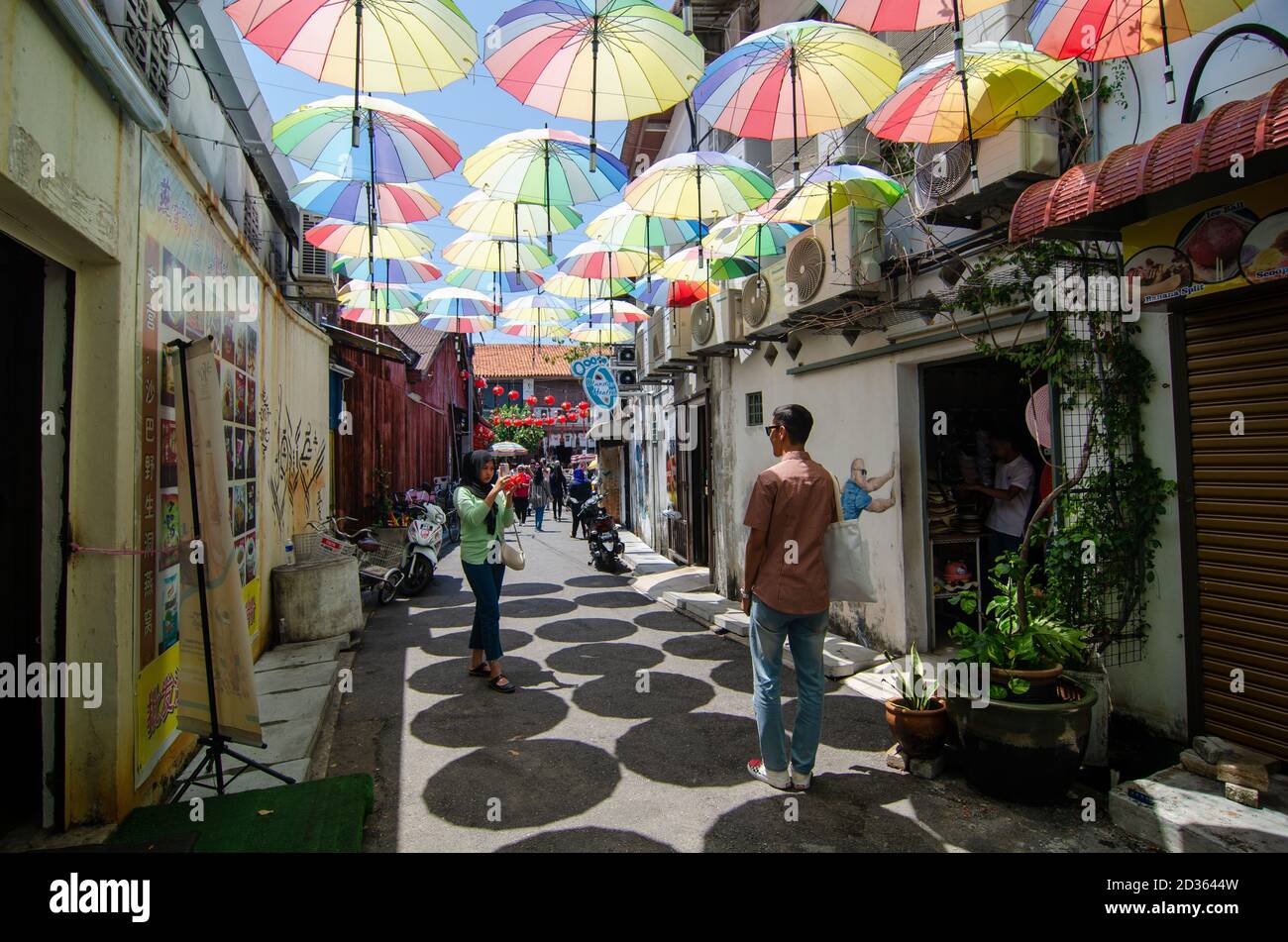 Penang/Malaysia Feb 27 2020 Colorful umbrella at alley near Armenian Street Stock