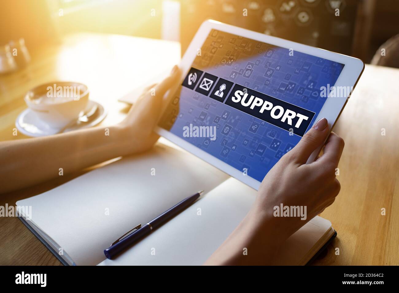 Technical support icons on screen. Call to help center. Internet and ...