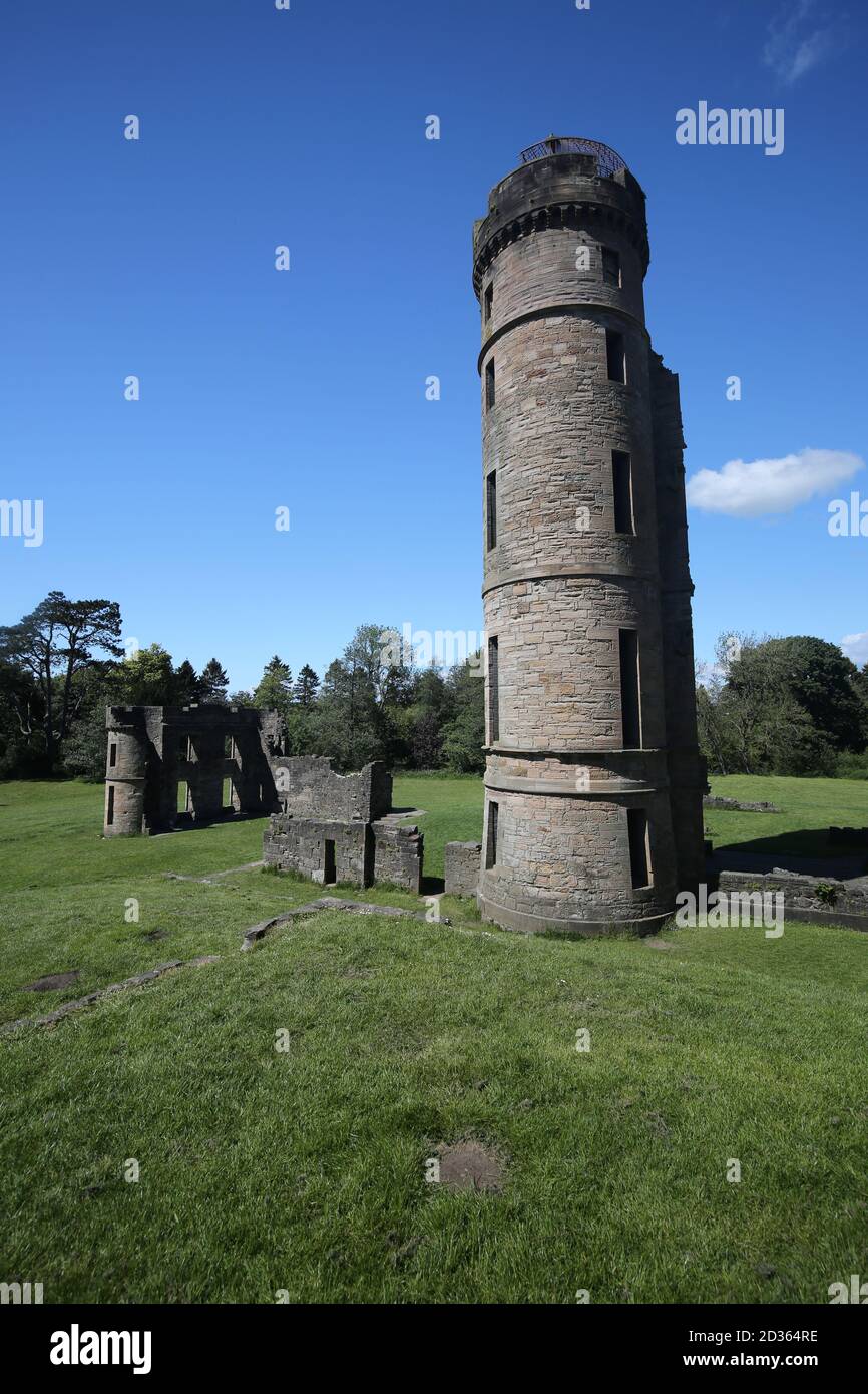 Irvine  May 2019. Eglington Castle, Eglington Country Park Irvine.The ruins of a large Gothic castellated mansion in Kilwinning, North Ayrshire, Scotl Stock Photo