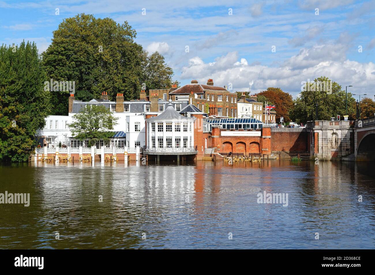 The exterior of the Mitre Hotel with the River Thames in the foreground, Hampton Court Greater London England UK Stock Photo