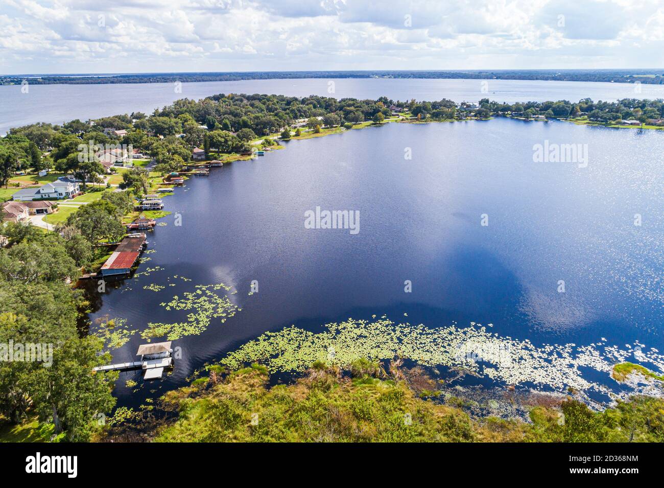 Florida,Clermont Chain of Lakes,Lake Winona,Lake Minnehaha beyond,waterfront houses,sinkhole wetlands natural scenery,aerial overhead bird's eye view Stock Photo