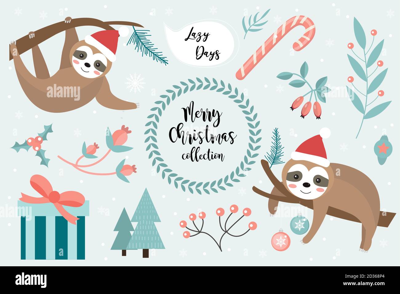 Cute sloth Merry christmas set. Collection of design elements with a little sloths in a hat of Santa Claus, snowflakes and a Christmas tree. Vector Stock Vector