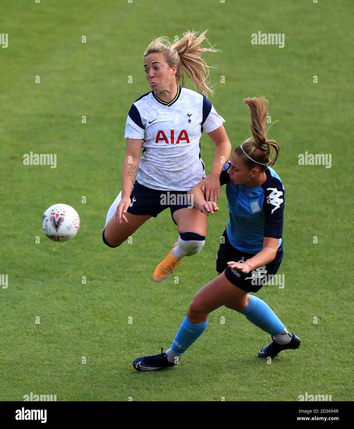 Tottenham Hotspur women's Gemma Davison (left) and London City Lionesses Ylenia Priest battle for the ball during the FA Continental League Cup match at The Hive Stadium, London. Stock Photo