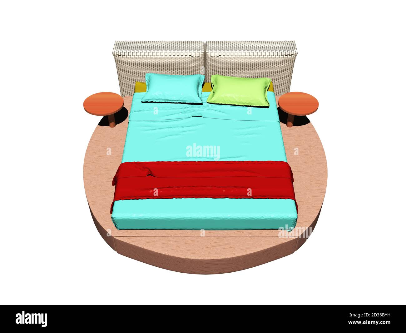 modern double bed with colorful linen in the bedroom Stock Photo