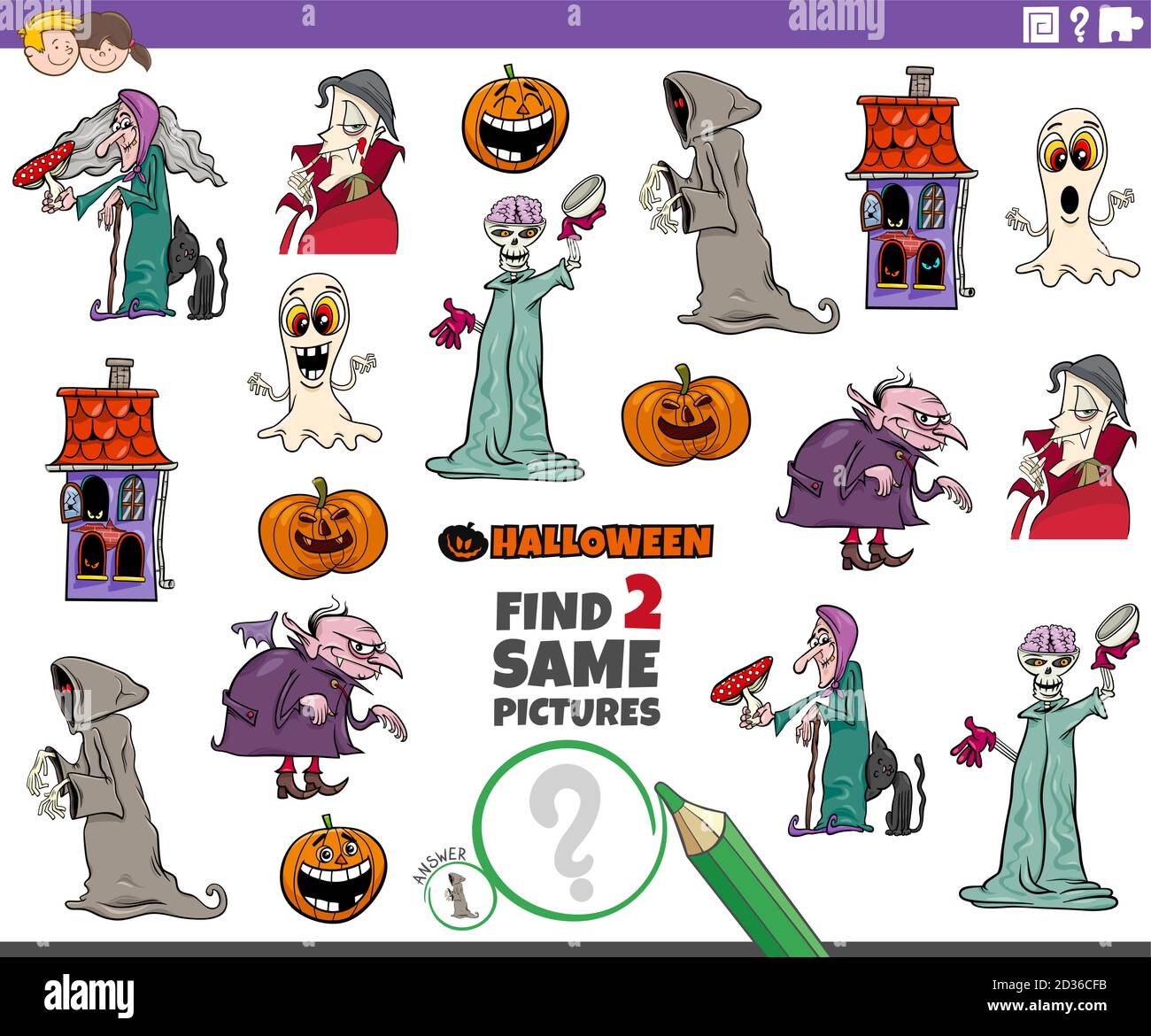 Cartoon Illustration of Finding Two Same Pictures Educational Task for ...