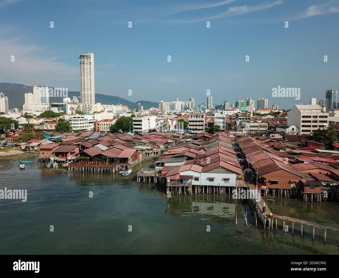 Aerial view rooftop at clan jetty in morning. Background is KOMTAR building. Stock Photo