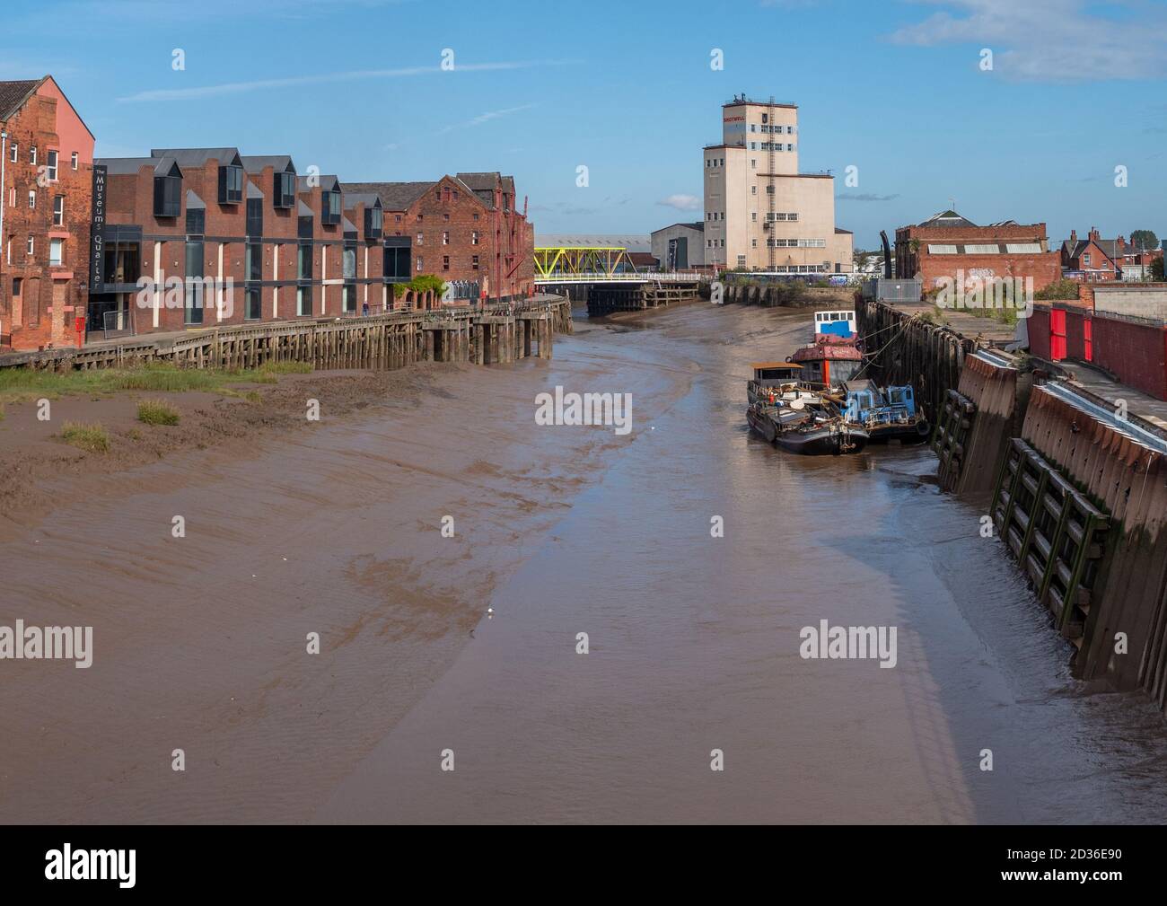 England, Humberside, Hull, 29/09/2020 - River Hull old cargo ship moored on mud at low tide. Stock Photo