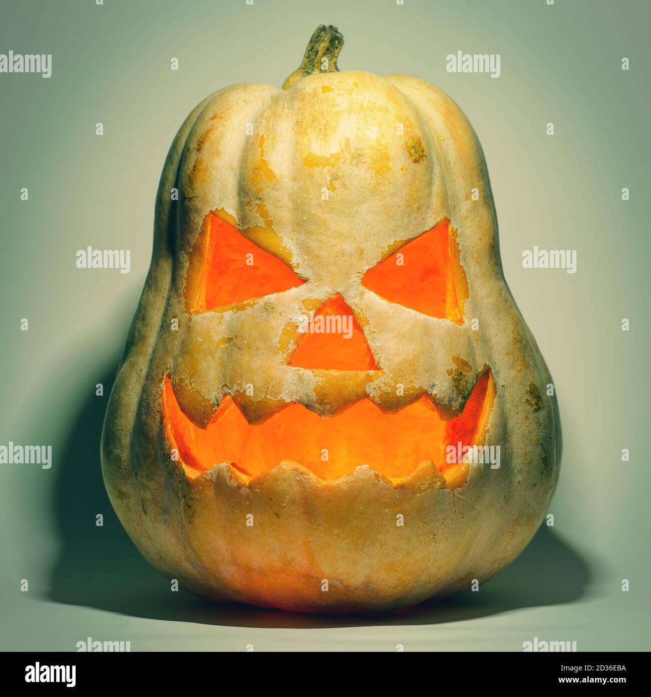 halloween pumpkin head on a green background Stock Photo - Alamy