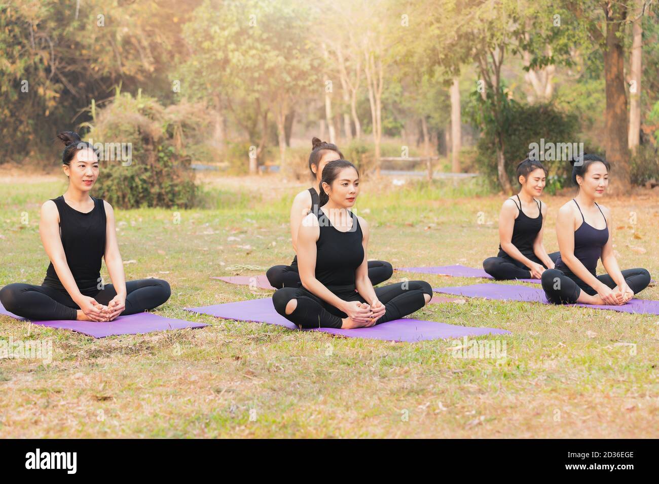 Group of asian women doing yoga beside the lake in outdoor park Stock ...