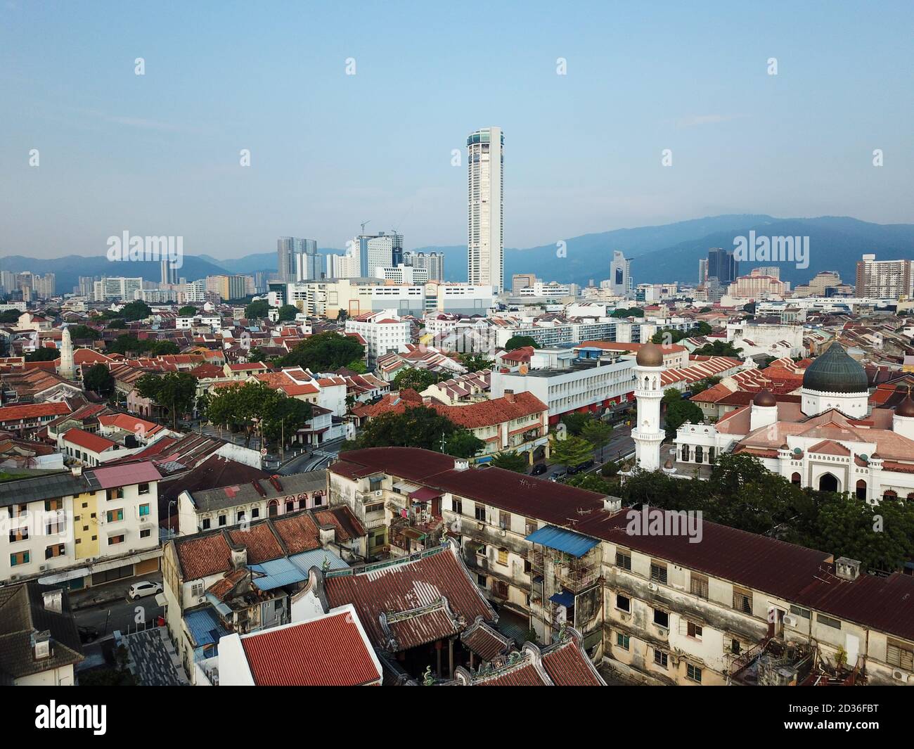 Georgetown, Penang/Malaysia - Mar 21 2020: Aerial view Georgetown KOTMAR building and old house. Stock Photo