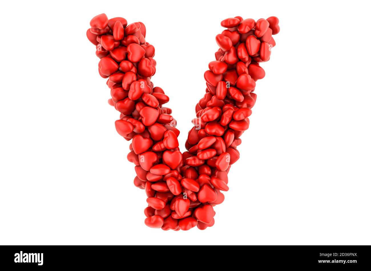 Letter V from red hearts, 3D rendering isolated on white ...