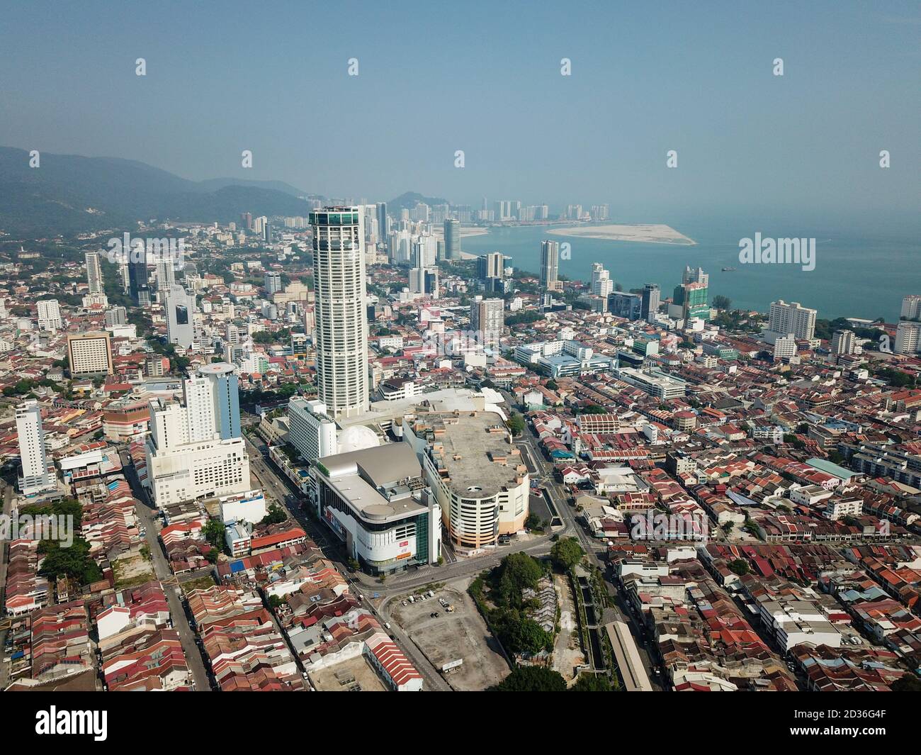 Georgetown, Penang/Malaysia - Mar 21 2020: Aerial view KOMTAR building in sunny morning. Stock Photo