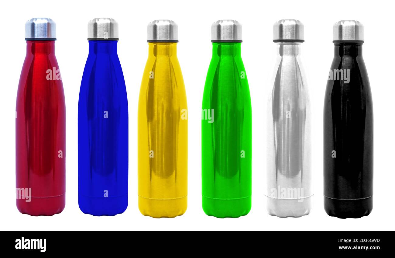 Steel or aluminium thermo water bottles. Red, blue, green, yellow, black  and aluminum reusable metal bottle Stock Photo - Alamy