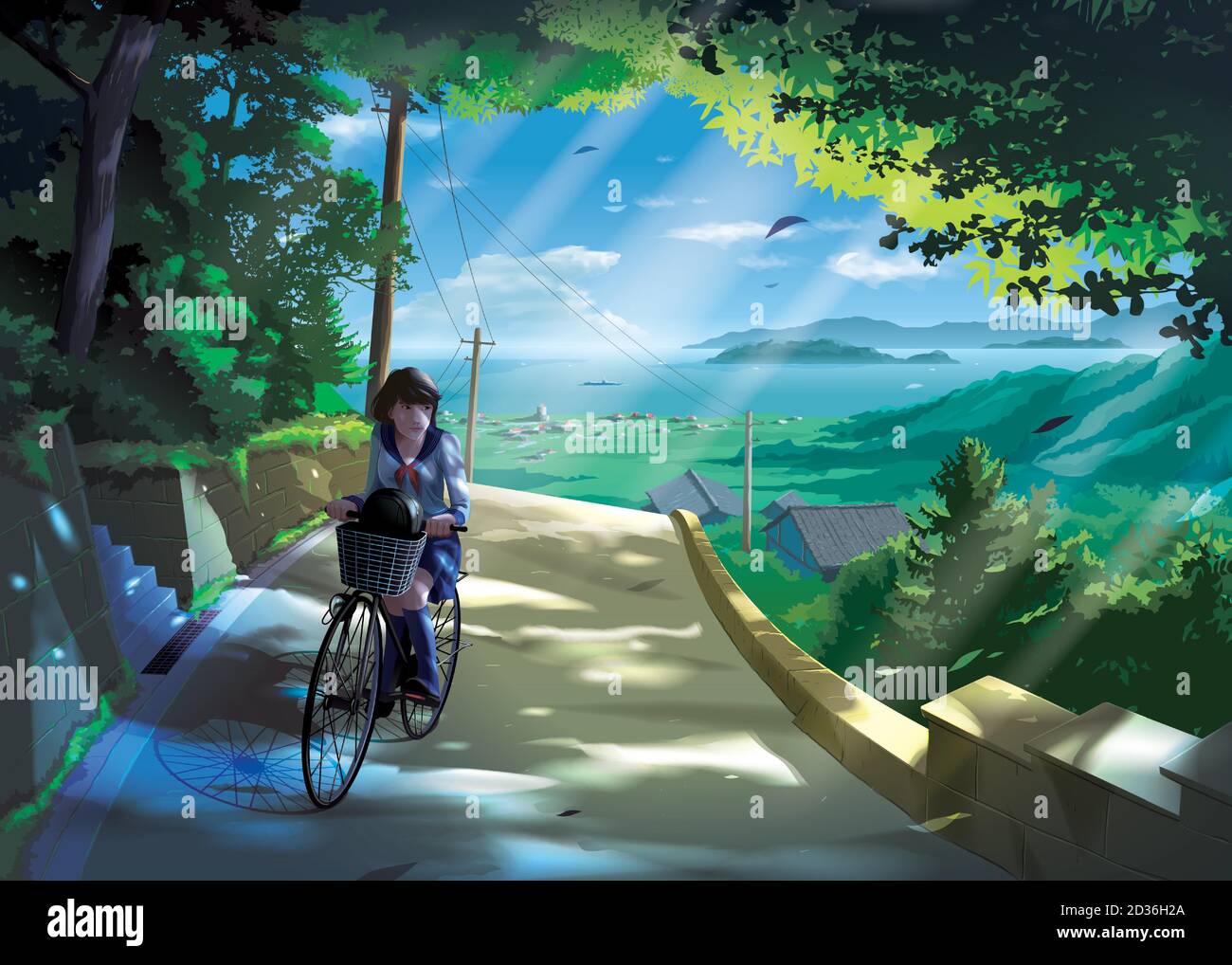 vector illustration in an anime style of a Japanese girl student rides a bicycle on a road in the countryside Stock Vector