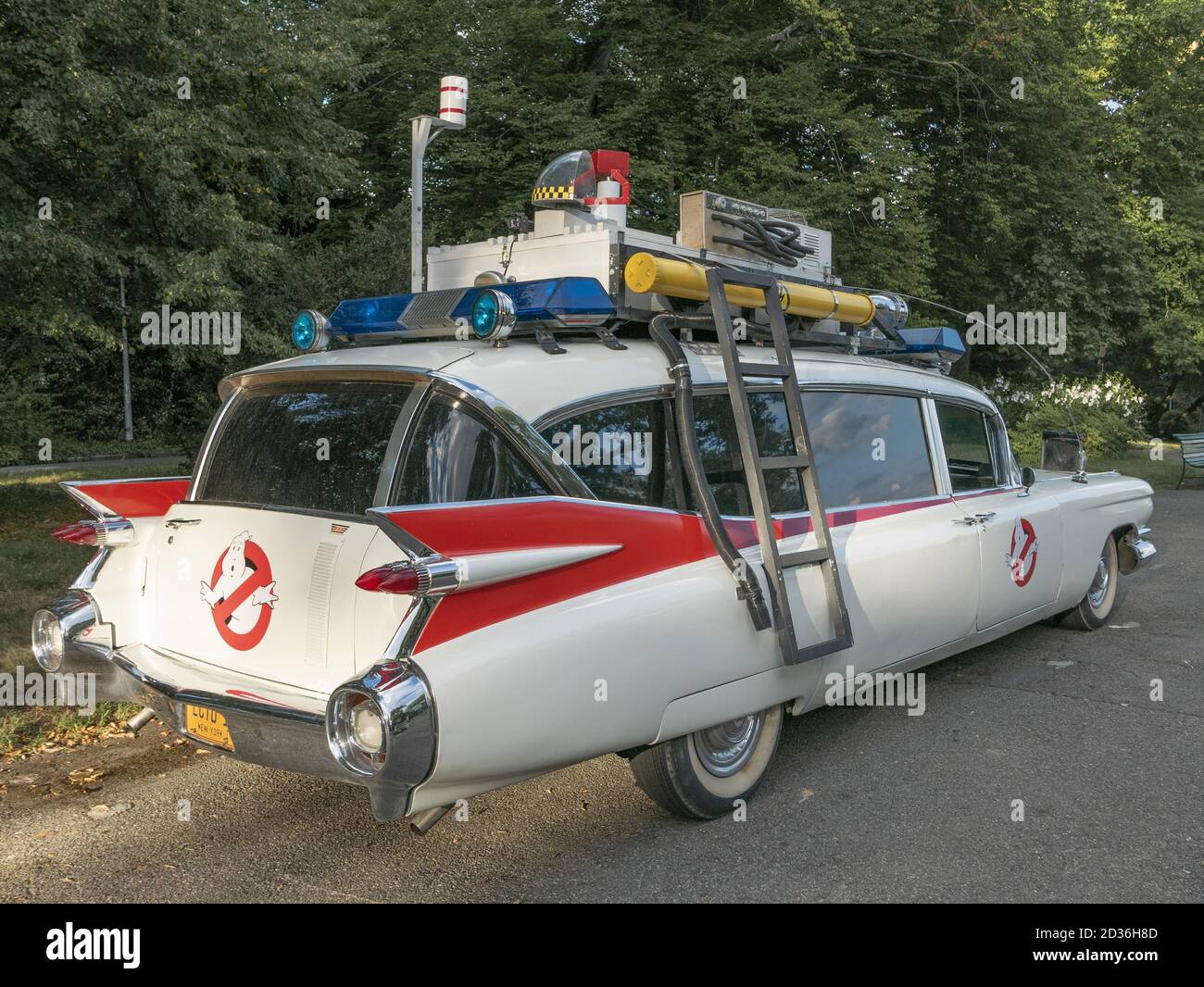 Ghostbusters car Ectomobile ¾ rear view Stock Photo
