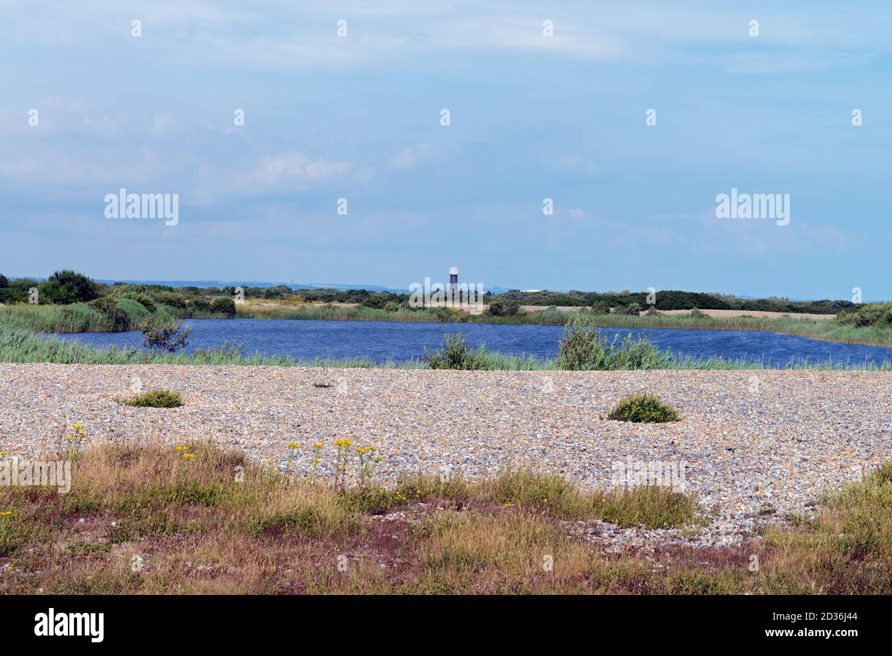 Dungeness is one of the largest expanses of shingle in Europe. In this inland area the terrain is strangely flat. Stock Photo