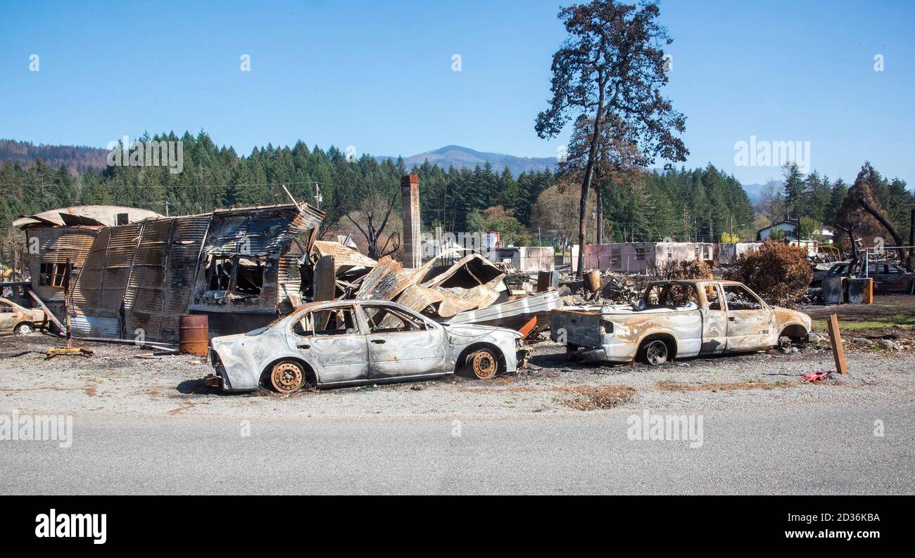 Gates, OR, September 27 2020 USA: After a fire raced thru the town of ...