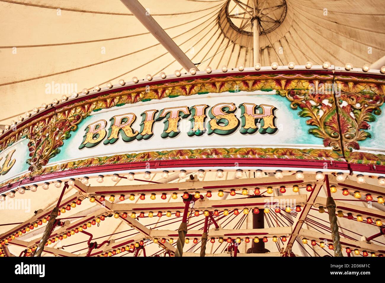 Word British on a traditional funfair lettering on a roundabout Stock Photo