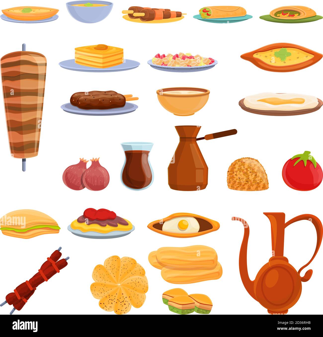 Turkish food icons set. Cartoon set of turkish food vector icons for web design Stock Vector