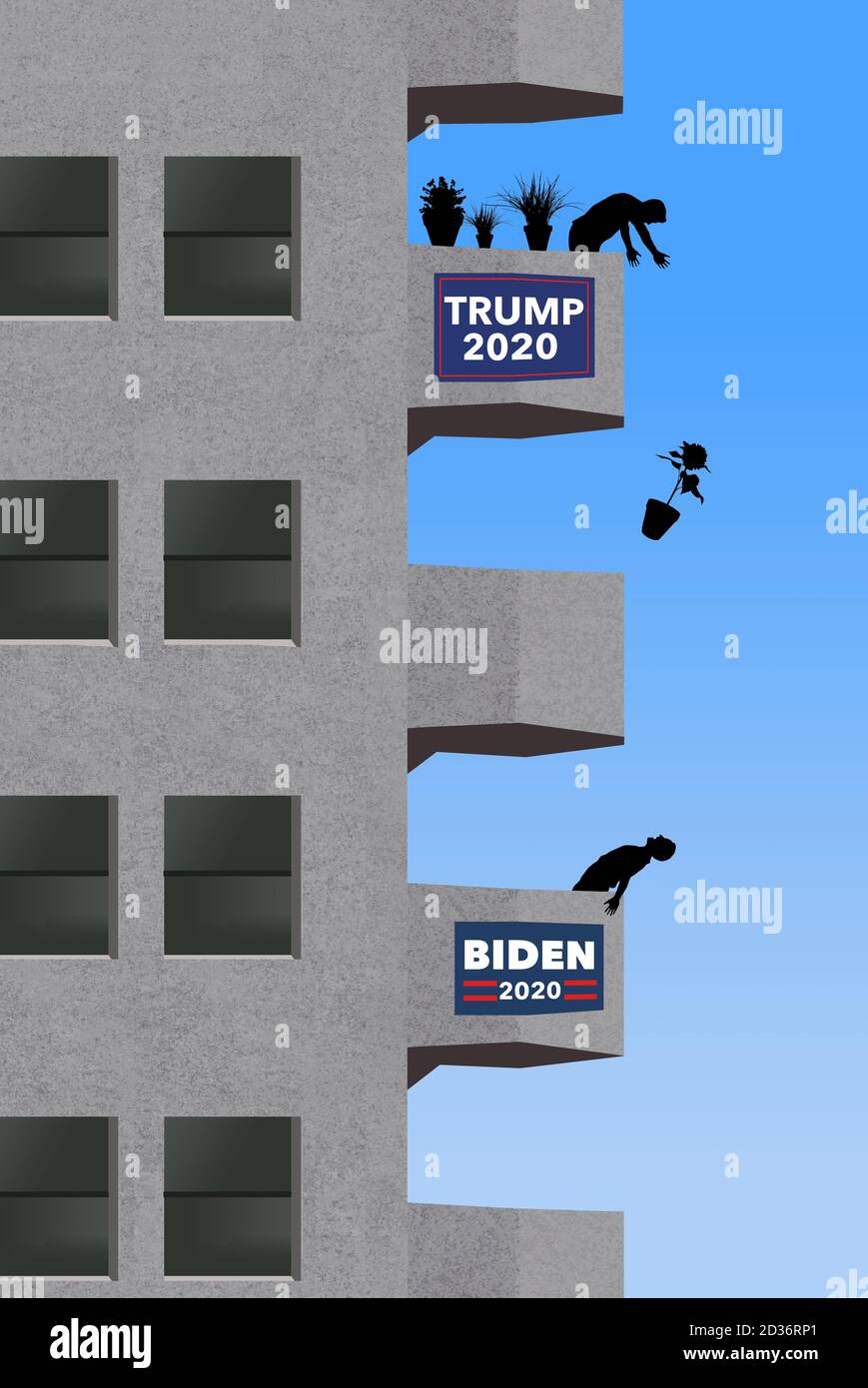 Neighbors feud over the 2020 election candidates with one man dropping a potted plant toward his neighbor below on balconies of an apartment building. Stock Photo