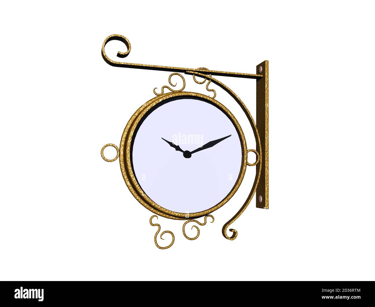 large metallic clock hangs on the house wall Stock Photo