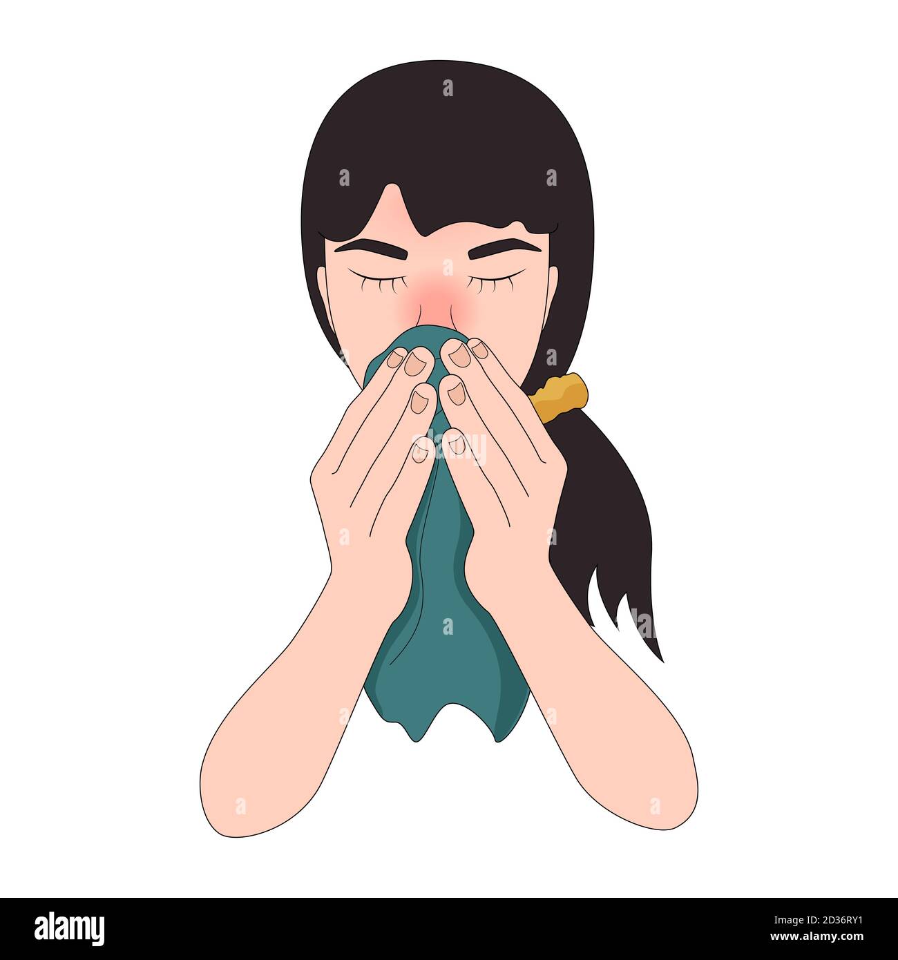 Girl with flu symptoms blowing her runny nose with a handkerchief, sneezing, vector illustration. Stock Vector
