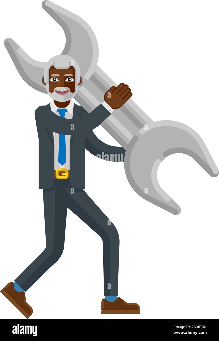 Mature Black Business Man Holding Spanner Wrench Stock Vector