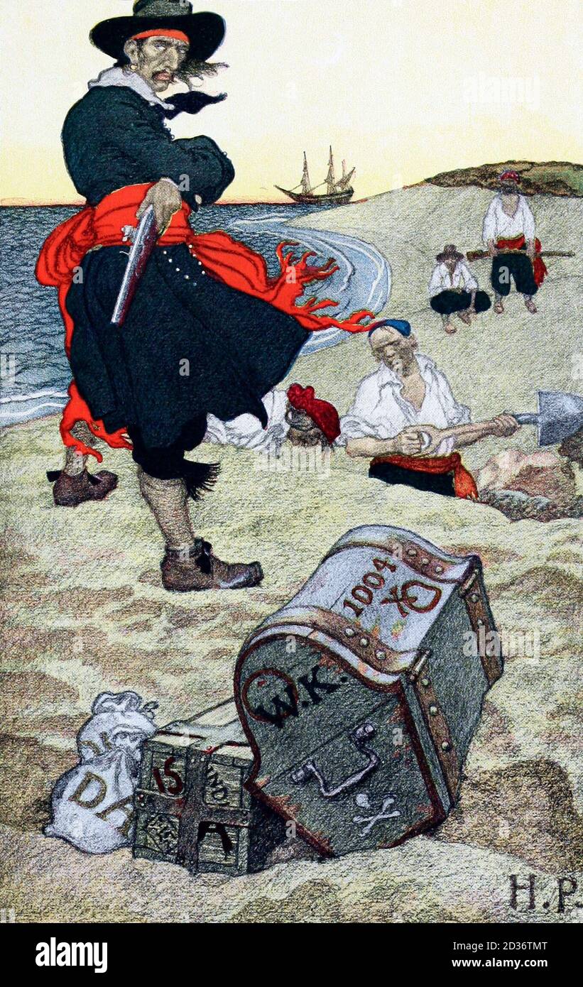 William Kidd, also known as Captain William Kidd or simply Captain Kidd (c. 1655-1701). Illustration showing Captain Kidd overseeing the burial of treasure, from ' Howard Pyle's Book of Pirates' Stock Photo