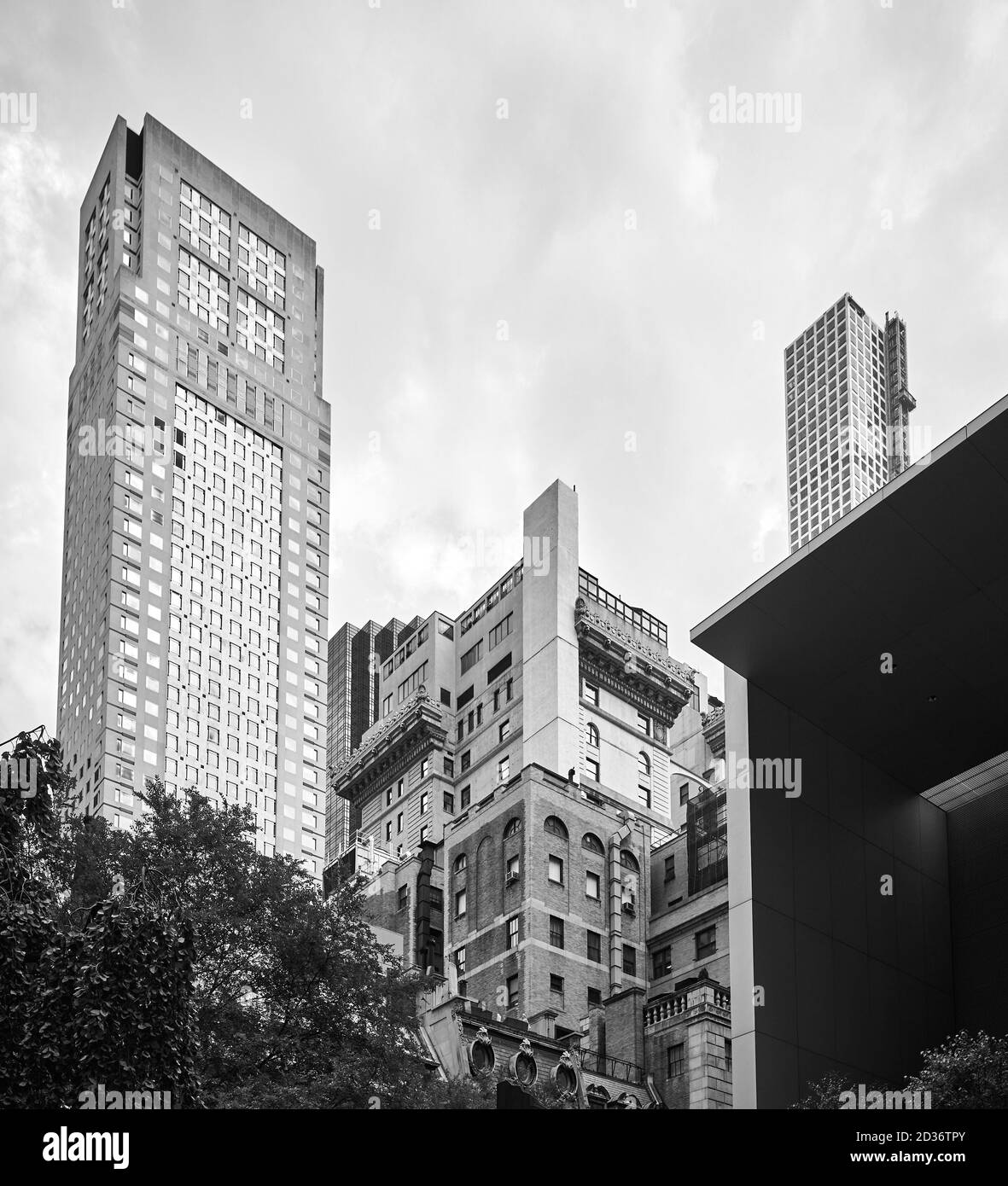 Black and white picture of New York City diverse architecture on a cloudy day, USA. Stock Photo