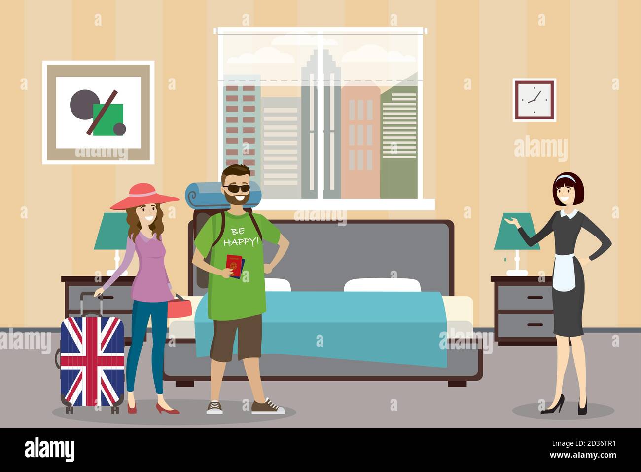 Tourists with luggage and maid in the hotel room Stock Vector