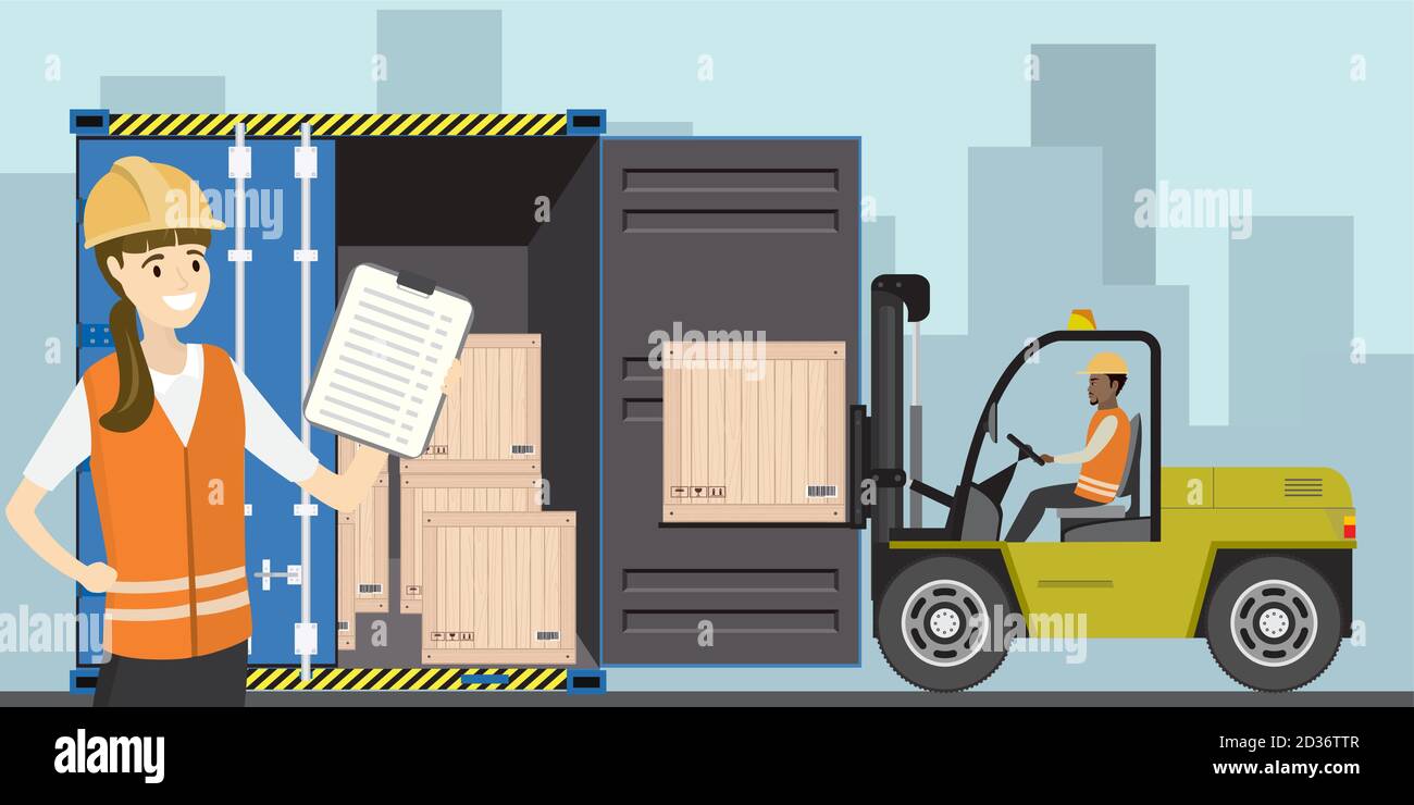 Forklift working with cargo container and product wooden boxes. Stock Vector