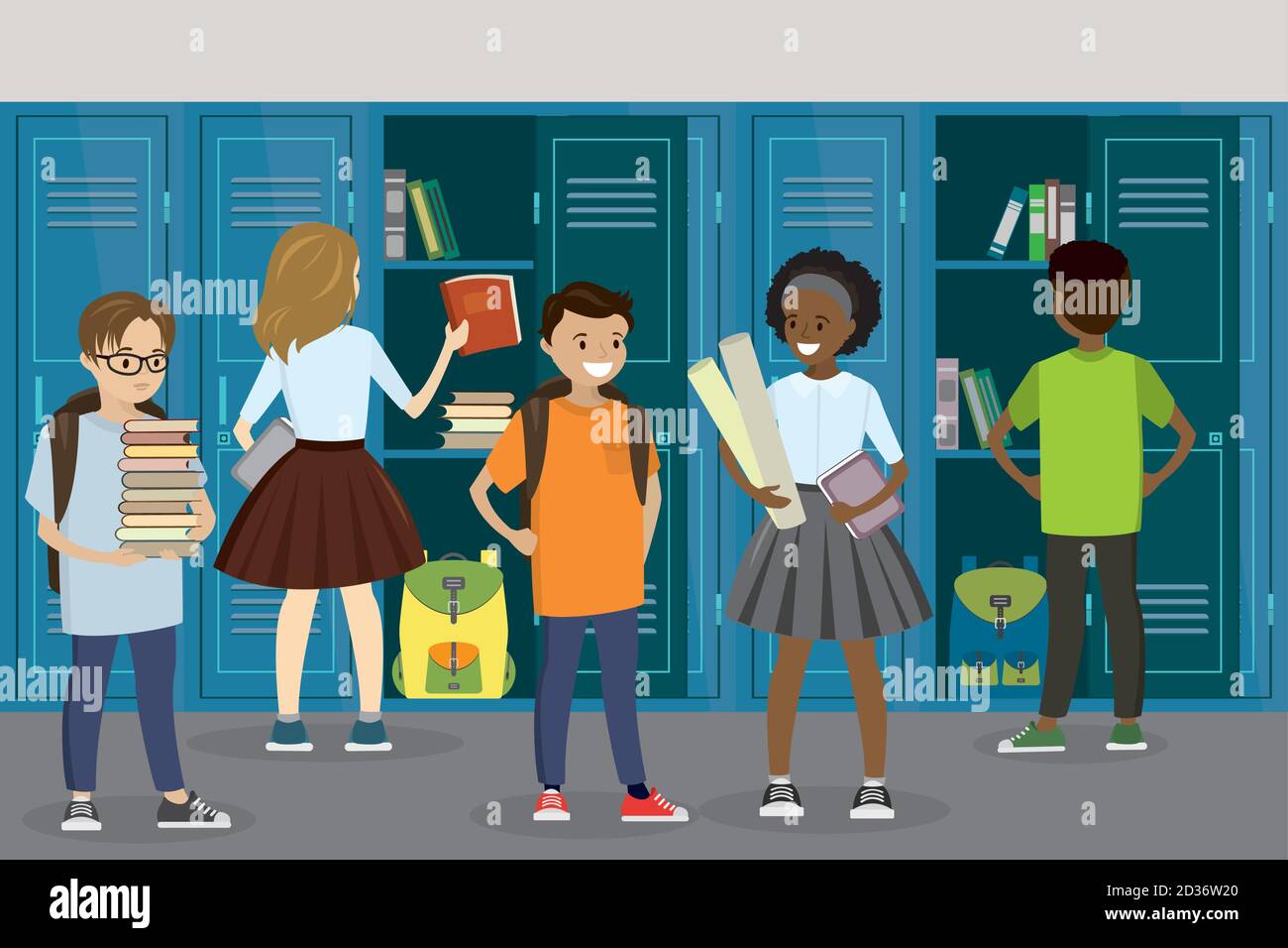 School Hallway With Lockers And Kids