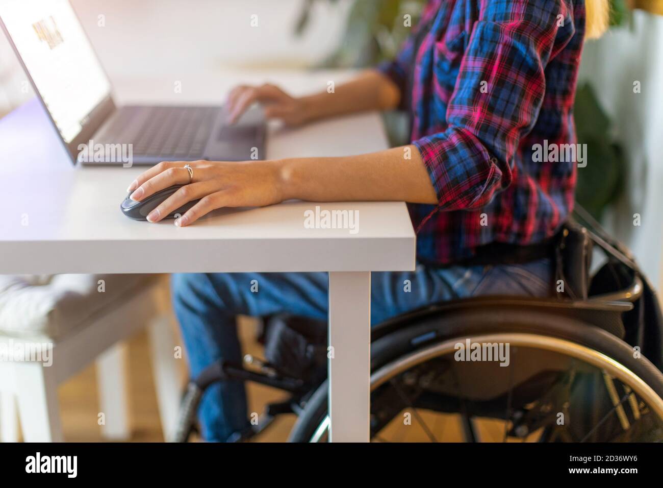 Woman in wheelchair using laptop in office Stock Photo - Alamy