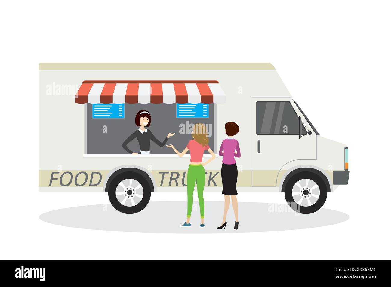 food truck,Seller in front and buyers back view,modern van trans Stock Vector