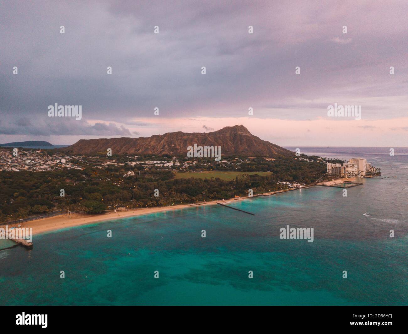 Aerial view on the Hawaii island with a Diamond head crater and ...