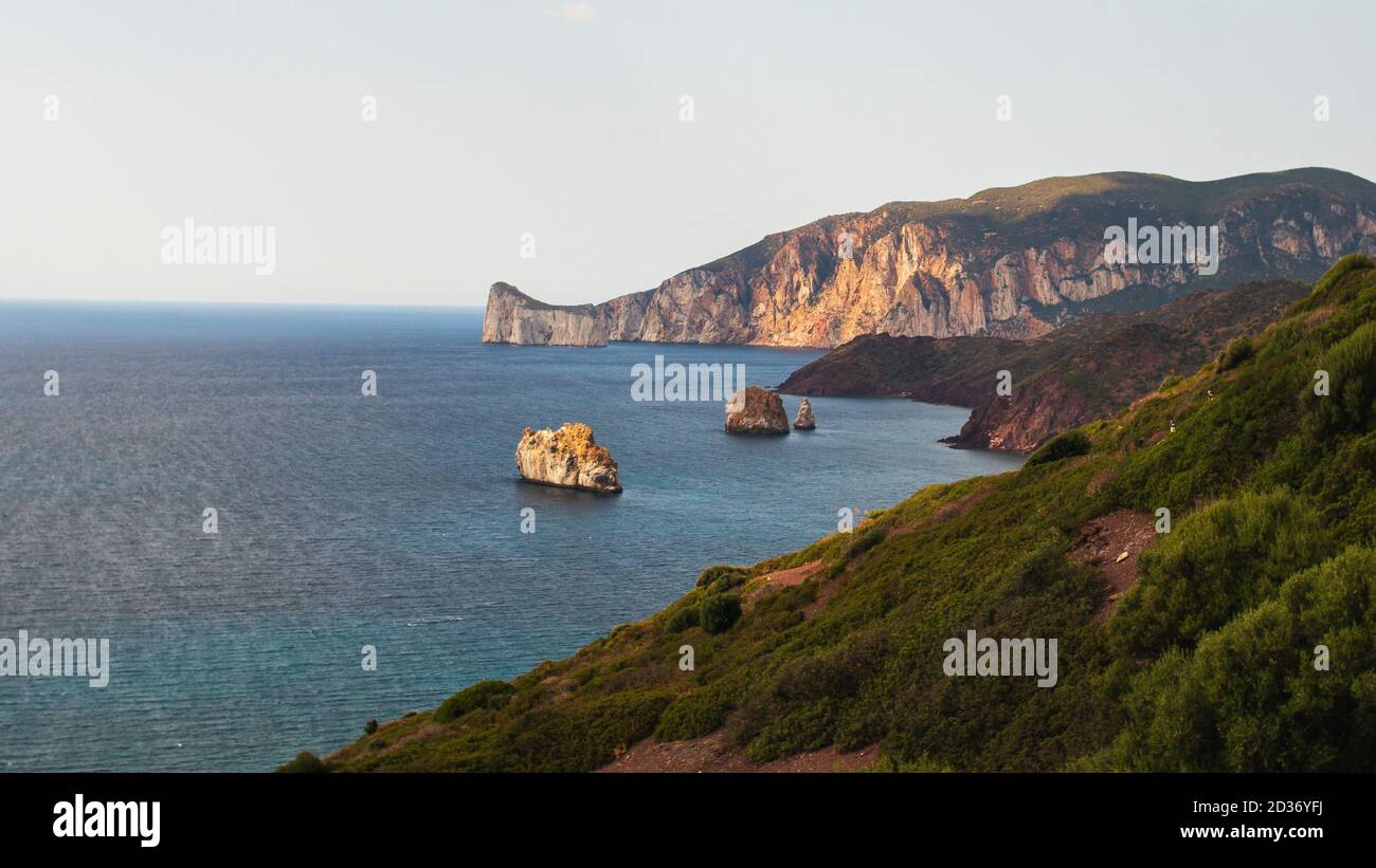 Pan di zucchero island from Masua beach on the west coast of Sardinia, Italy Stock Photo